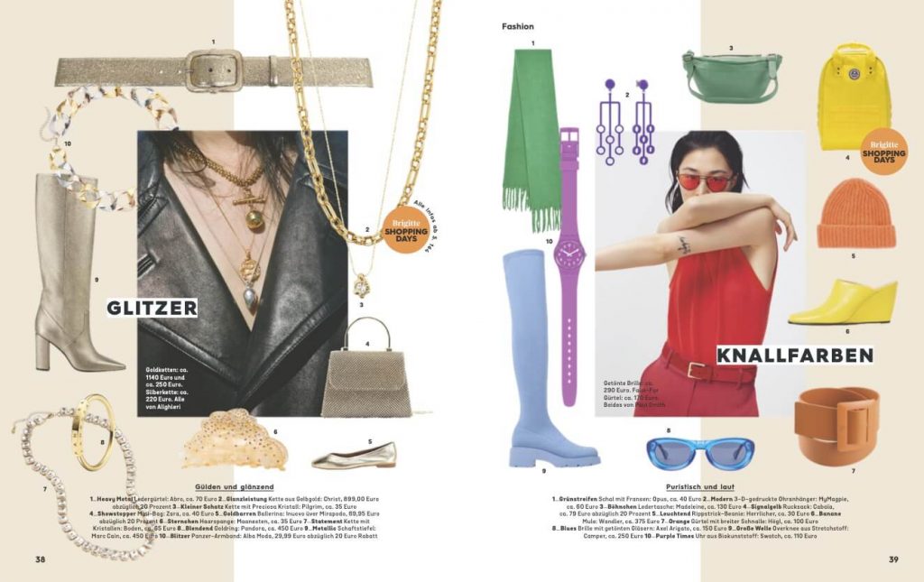 Isabelle Wedel Modejournalistin Hamburg Portfolio Referenz Fashion Magazin Brigitte Accessoires Special Glitzer Knallfarben